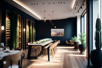a dining room with a long table and chairs, restaurant interior photography, elegant interior, minimalist interior design, restaurant, fancy restaurant, warm lighting interior, elegant atmosphere, 