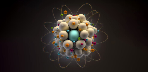 An enlarged model of an atom with a nucleus of protons on a neutral abstract background, wallpaper. AI generated - obrazy, fototapety, plakaty