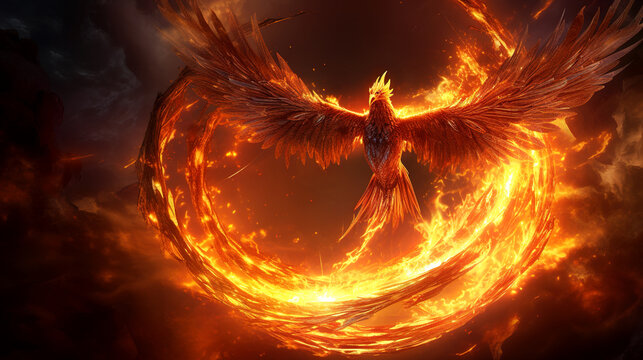 mystery fire red phoenix flying out from fire flaming burn ring. Generative ai.