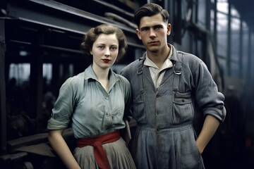 London factory workers from the 1940s pose in their work clothes.