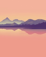 Cartoon Illustration of Purple Mountains along the Water