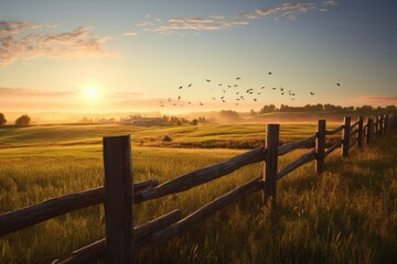Fototapeta premium Wooden fence and pasture Generative Ai