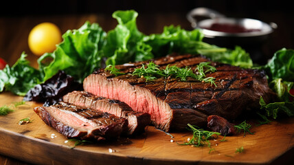 Delicious flank steak with brown fried crust on wooden board with greens. Generative AI