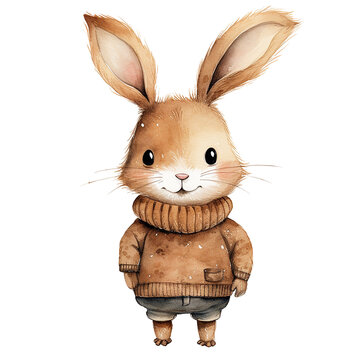 watercolor drawing. cute rabbit character in autumn sweater.