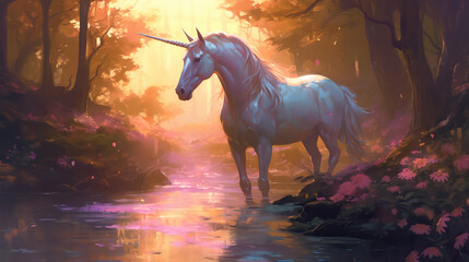 Magical white unicorn near the lake in the forest by AI