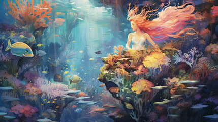 Fototapeta na wymiar Mystical underwater creatures, mermaids by AI