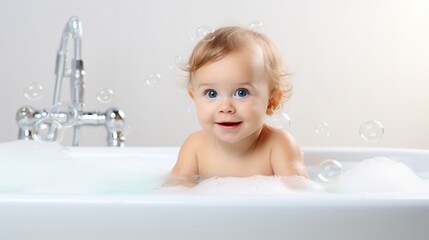 Cute baby bathes in a bath with foam and soap bubbles