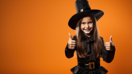 Cute little girl dressed as a witch showing thumbs up over orange background