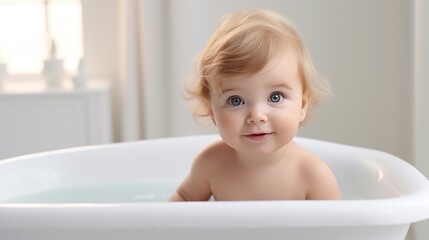 Portrait of a beautiful little girl in the bathtub.