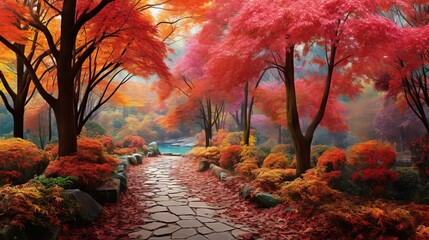  a painting of a pathway in a park with red trees.  generative ai