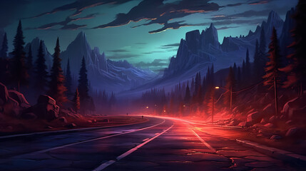 Night road in mountains digital painting by AI