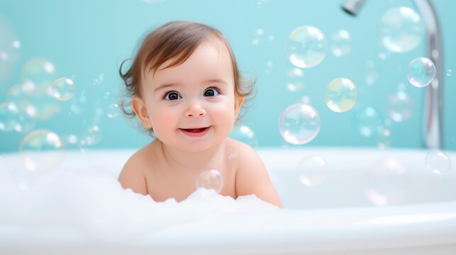 Cute baby girl bathes in a bathtub with soap bubbles