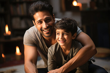Fototapeta premium Indian young father and small kid playing, cuddling, flying plane, floating boat