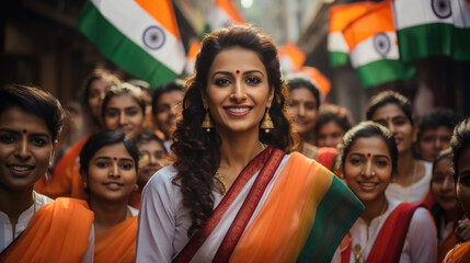 Indian people with national tricolour flag showing togetherness and strength in unity