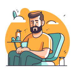 Man resting on deck chair. Rehabilitation workplace. Containing massage, spa, relaxation, health, diet, wellbeing, meditation, aromatherapy, nutritionist and more. Cartoon vector illustration.