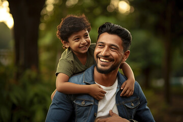 Indian young father and small kid playing, cuddling, flying plane, floating boat