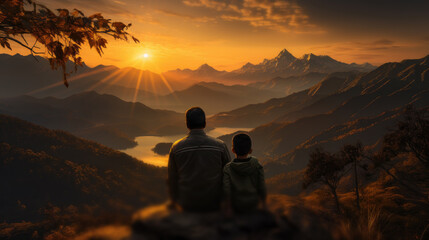 Obraz premium Indian Father, son on top of mountain against sunset, Family spends happy time together in nature