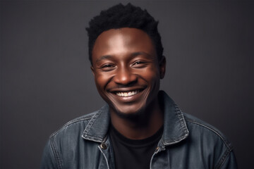 black young adult man smiling on a grey background