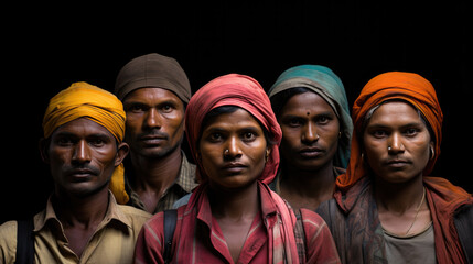 Indian hardworking construction workers or labours looking at camera wears safety hard hat