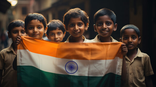 Indian people with national tricolour flag showing togetherness and strength in unity