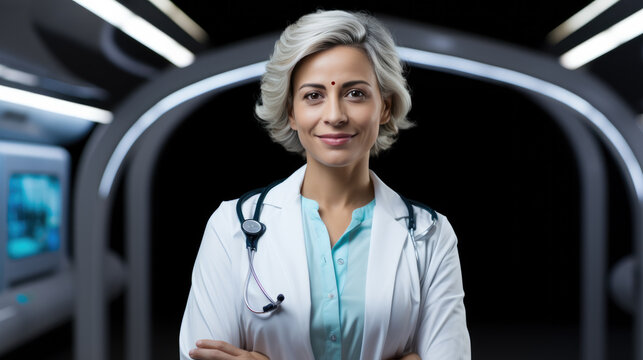 Confident senior Indian doctor with folded hands standing against MRI scanner in the background