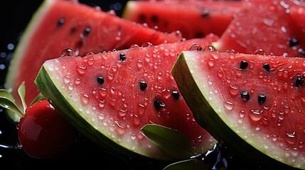  watermelon slices and leaves with drops of water on them.  generative ai