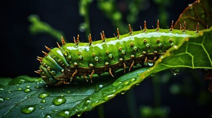 Naklejka premium a green caterpillar on a green leaf with drops of water on it. generative ai