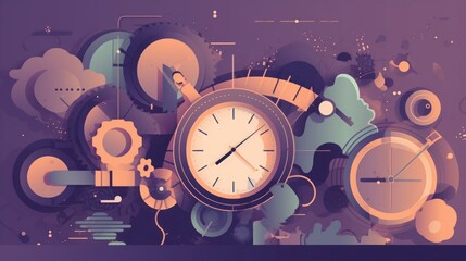 Woman and rotating business icons. Metaphor for work stress. Business vector illustration, time managment, Generative AI