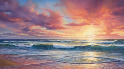 Fototapeta premium a painting of a sunset over the ocean with waves coming in. generative ai