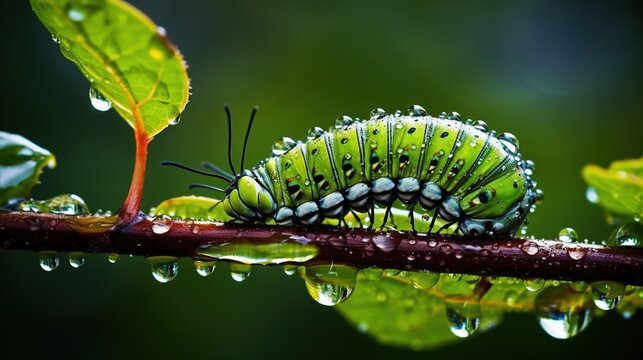  a green caterpillar sitting on top of a leaf.  generative ai