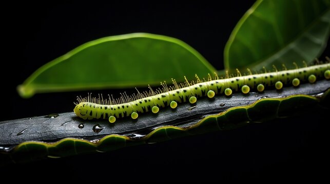  a caterpillar crawling on a leaf with water droplets on it.  generative ai
