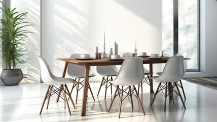 Cozy Modern white dining room with a sleek table and stylish chairs. Generative AI