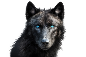 Portrait of Wild wolf focus on face that looking to camera, animal life concept, isolated on clear png background. Generative AI.