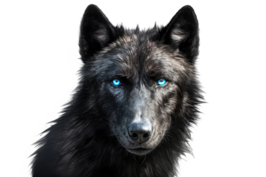 Portrait of Wild wolf focus on face that looking to camera, animal life concept, isolated on clear png background. Generative AI.