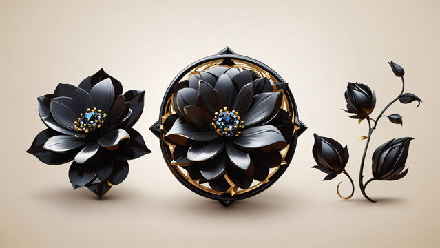 Beautiful black flowers with blue diamond on a beige background, golden edge, 3d rendering