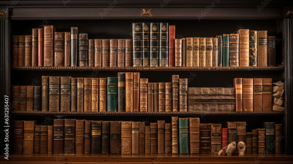 Poster old books in the shelf in library .created with generative ai technology.