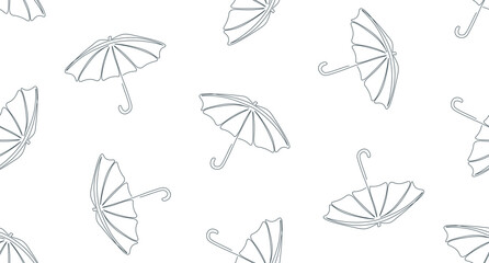 Seamless pattern with umbrellas. Black and white vector illustration. One line drawing open umbrella. Umbrella silhouette in single continuous line. Minimalistic line art.