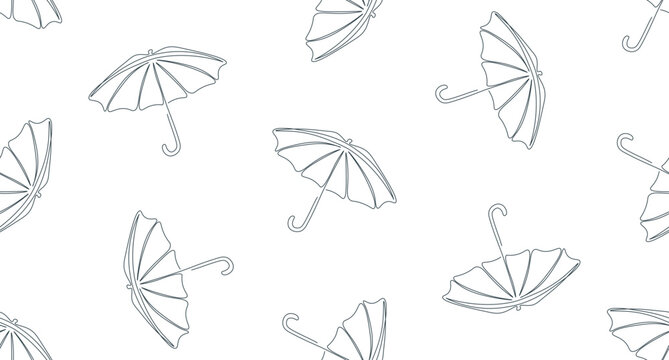 Seamless pattern with umbrellas. Black and white vector illustration. One line drawing open umbrella. Umbrella silhouette in single continuous line. Minimalistic line art.