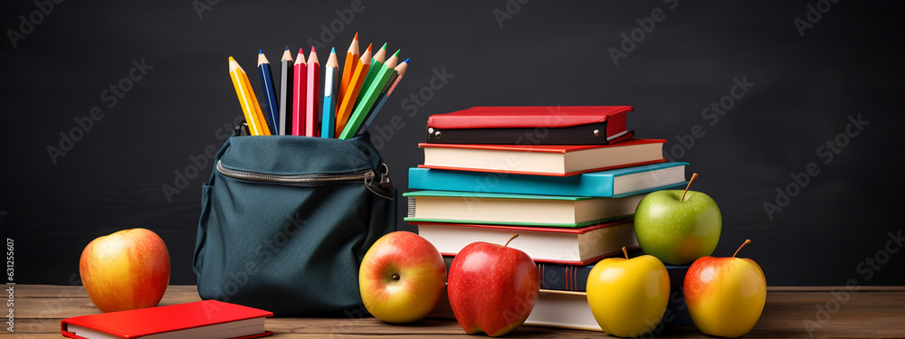 Poster back to school background with books,apples and pencils over blackboard.created with generative ai t