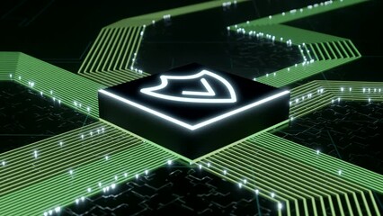Data Security microchip concept with green curcuit board. Data transfer protection.