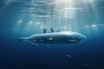 Small submarine under water with sun rays and beautiful seascape
