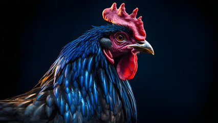gorgeous colorful rooster close portrait on black background, neural network generated photorealistic image
