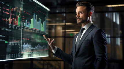 Businessman studies the financial market using holograms with charts projected in his office.