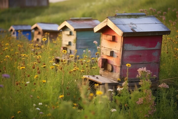Charming Honeybee Apiary Surrounded By Wildflower Meadows. Generative AI
