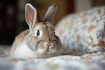 Obraz premium Contented Rabbit Stretches Out On Soft, Cushioned Bedspread. Generative AI