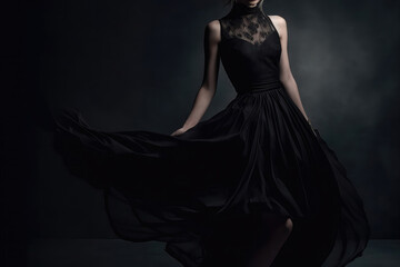 Fashion Woman In Black Long Dress. Generative AI