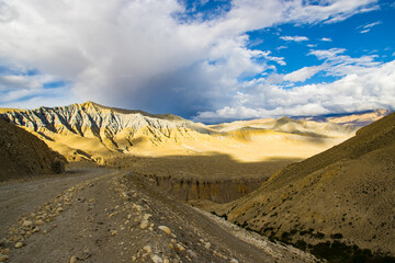 Beautiful Sunset in the Desert Canyon and Green Desert of Ghami Village in Upper Mustang, Nepal