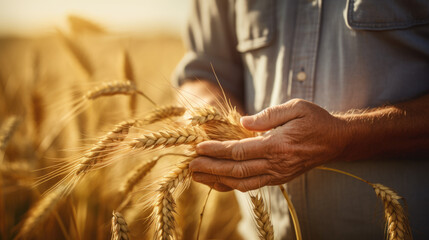 Male farmer checks the wheat sprouts in his field. - obrazy, fototapety, plakaty