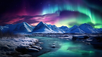  a beautiful aurora bore over a mountain range with a river running through it.  generative ai
