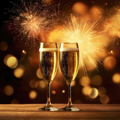 Two Champagne Glasses On Brown Background Of Fireworks With Empty Space. Birthday Celebration. Generative AI